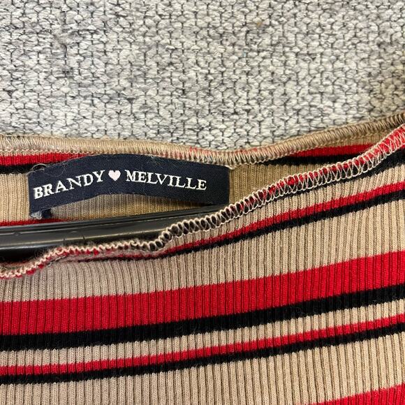 Brandy Melville Maroon Beige Black Striped Crop Top Off Shoulder Shirt Fits XS - Picture 3 of 7